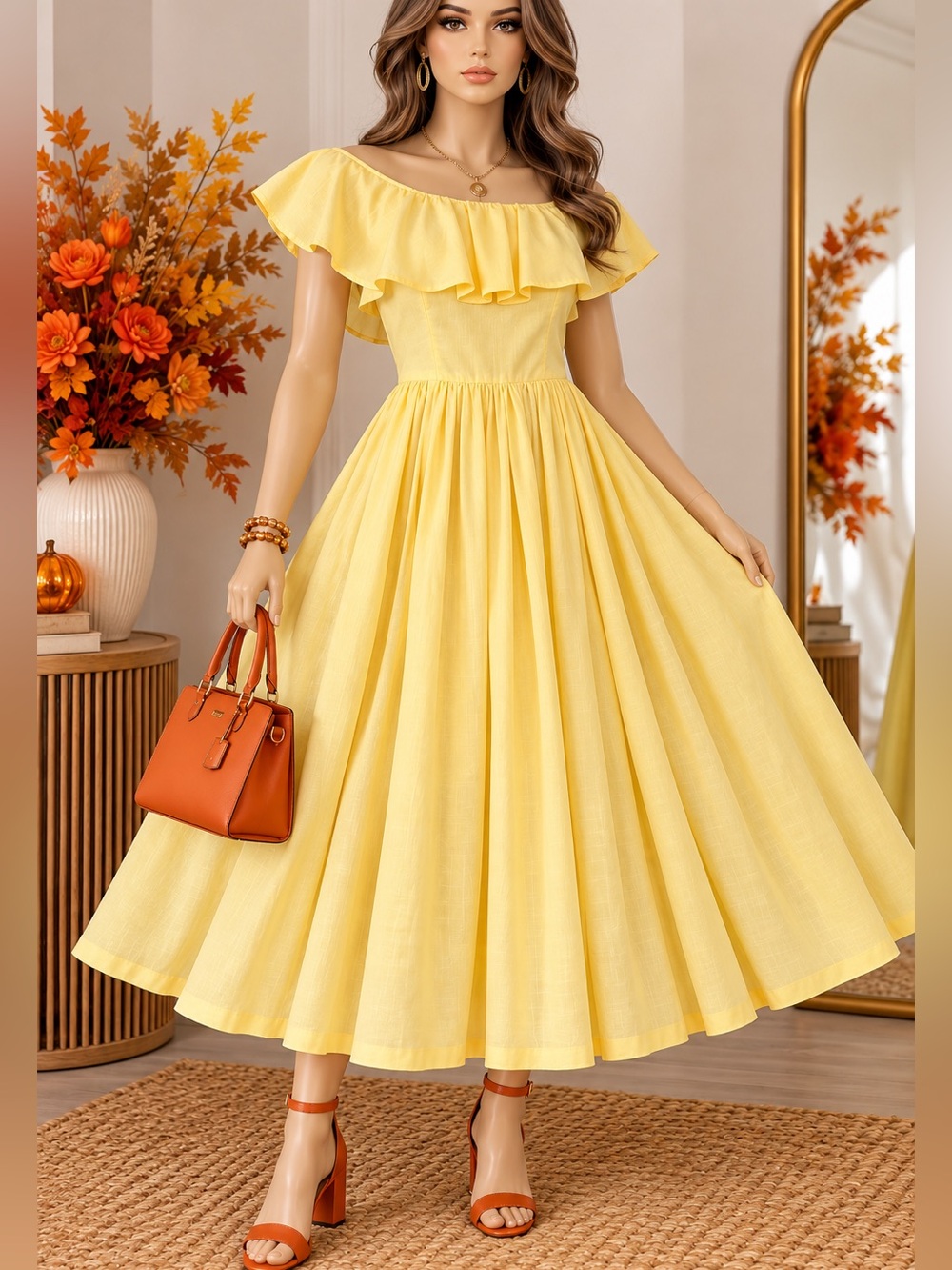 Women’s Yellow Ruffle Maxi Dress Off Shoulder Short Sleeve Full Skirt